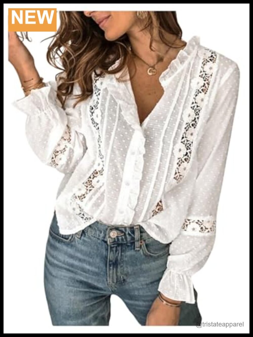 Women's Boho Peasant Blouse Ruffled Floral Lace Long Sleeve Button Down